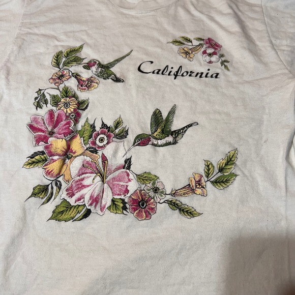Vintage Fruit of the Loom California Hummingbird Floral T-Shirt White Medium - Picture 3 of 6